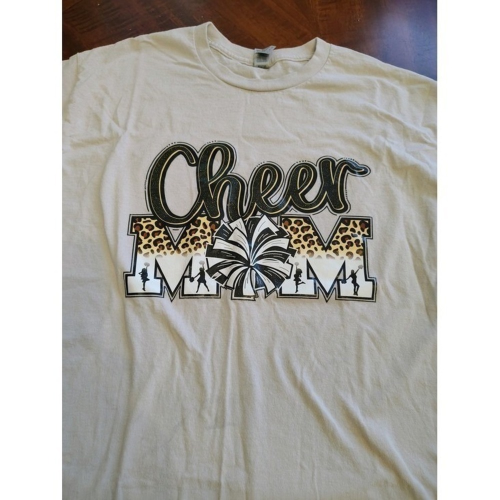 Cheer Mom Leopard Print Glitter Graphic T-Shirt Tan Large